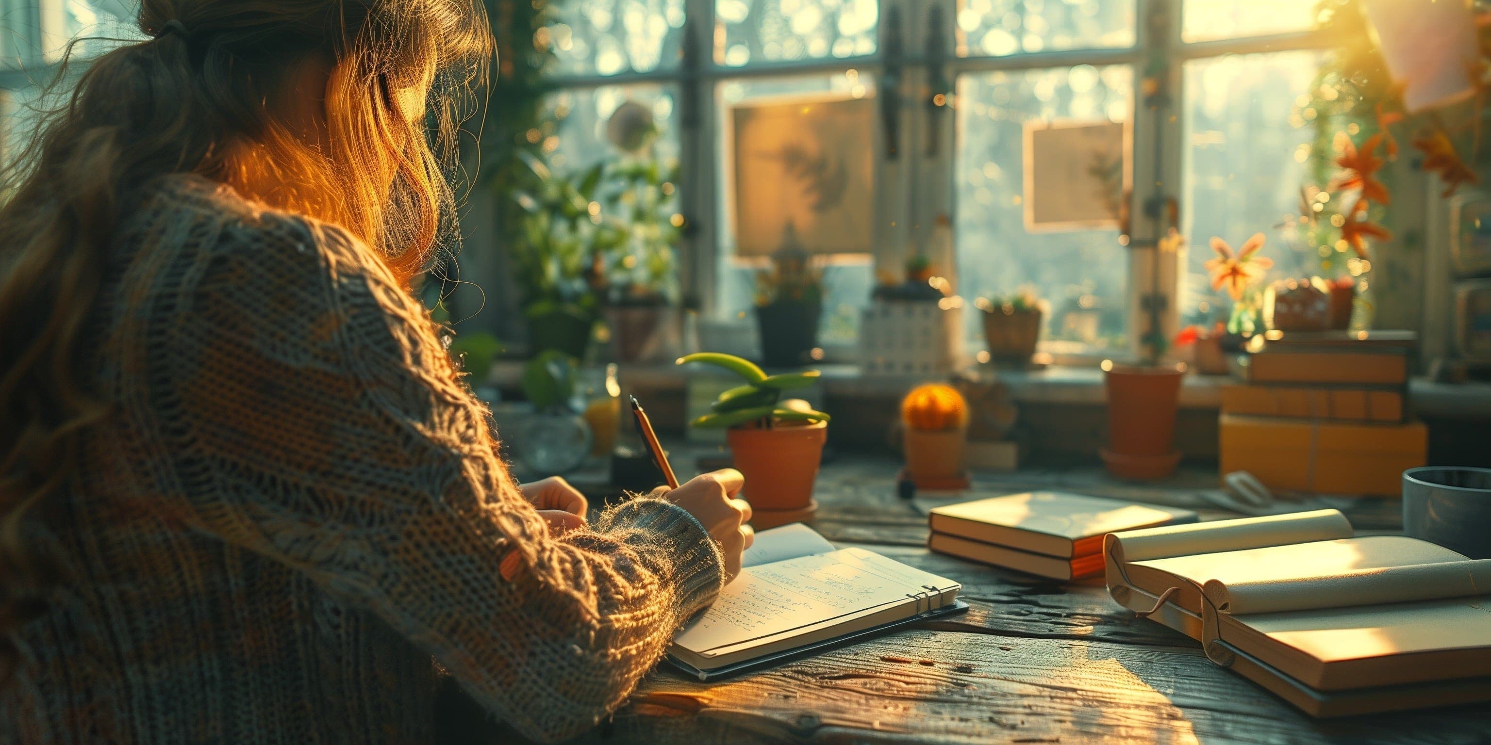 A serene morning scene with a person sitting at a rustic desk, writing in a journal