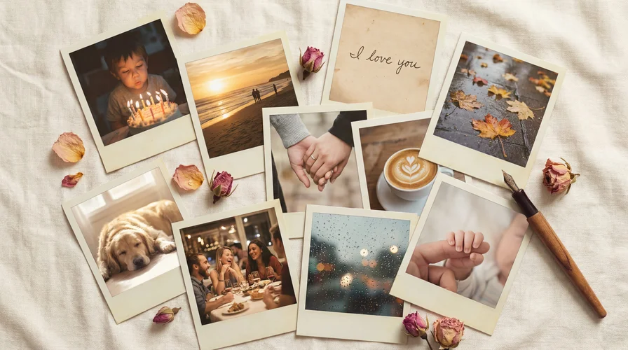 Scattered polaroid photos representing life memories and moments captured in your journal