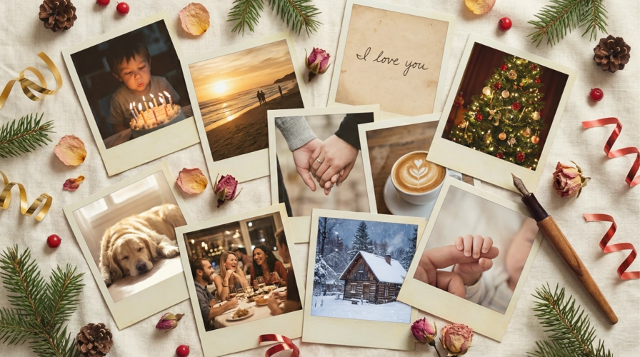 Scattered polaroid photos representing life memories and moments captured in your journal