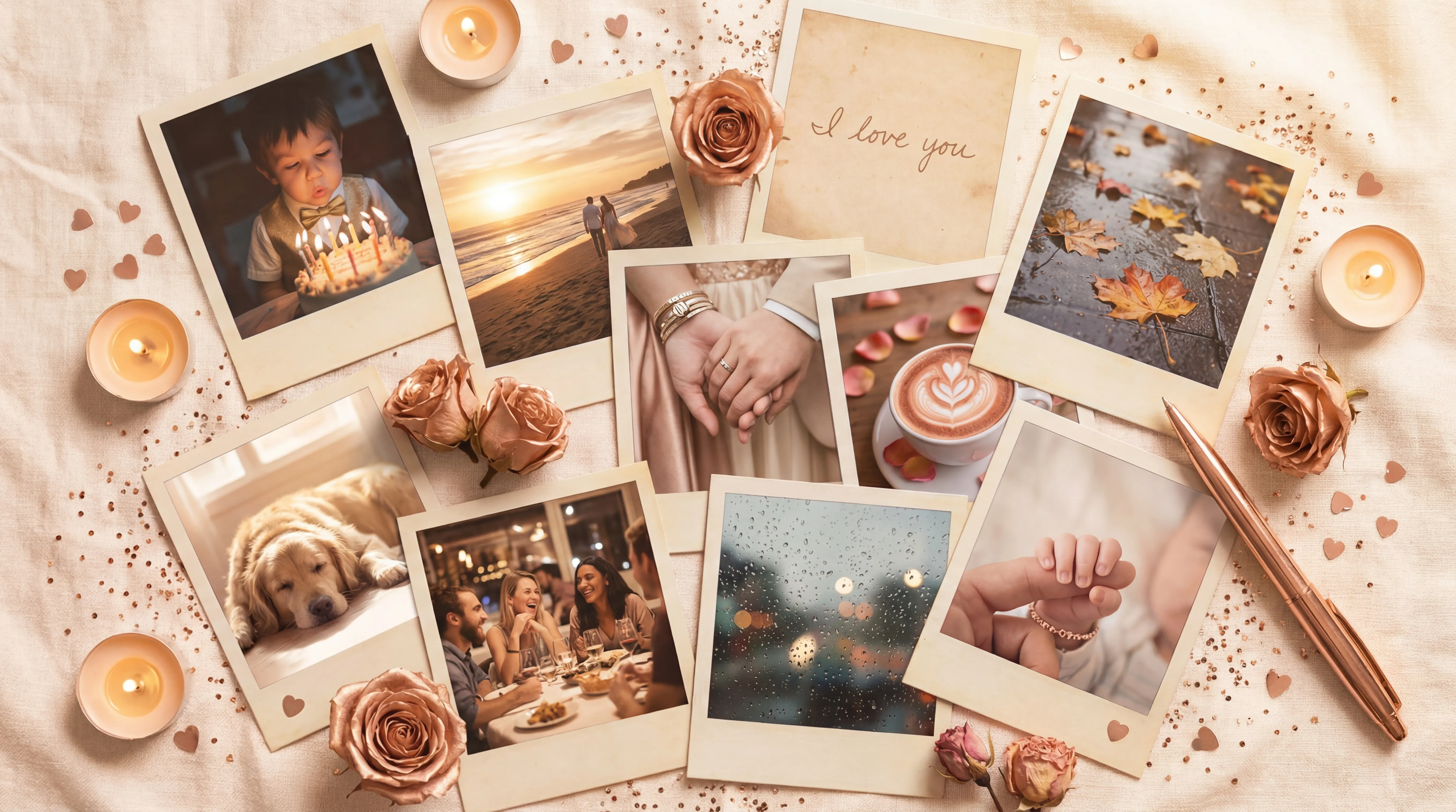 Scattered polaroid photos representing life memories and moments captured in your journal