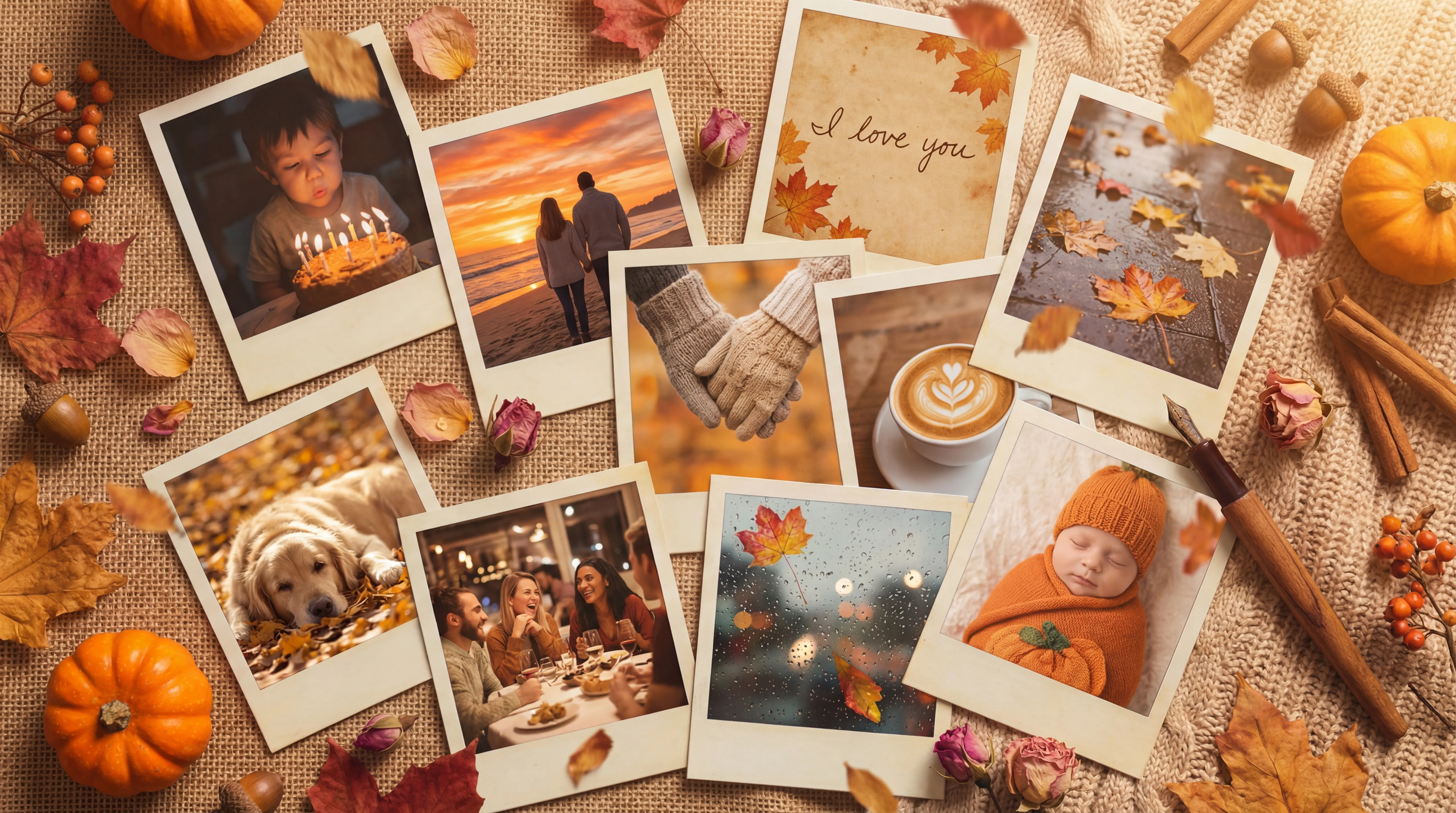 Scattered polaroid photos representing life memories and moments captured in your journal