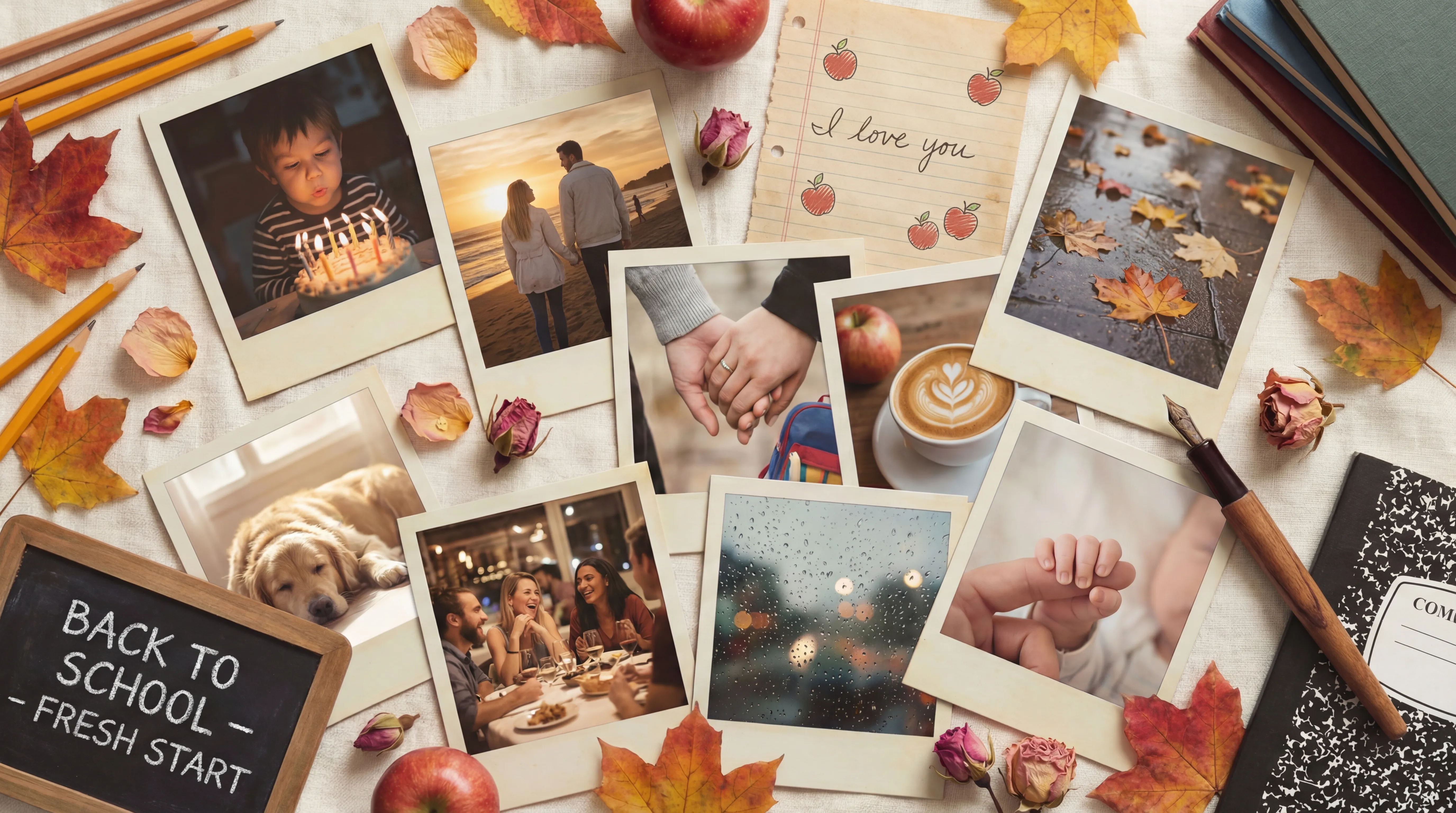 Scattered polaroid photos representing life memories and moments captured in your journal