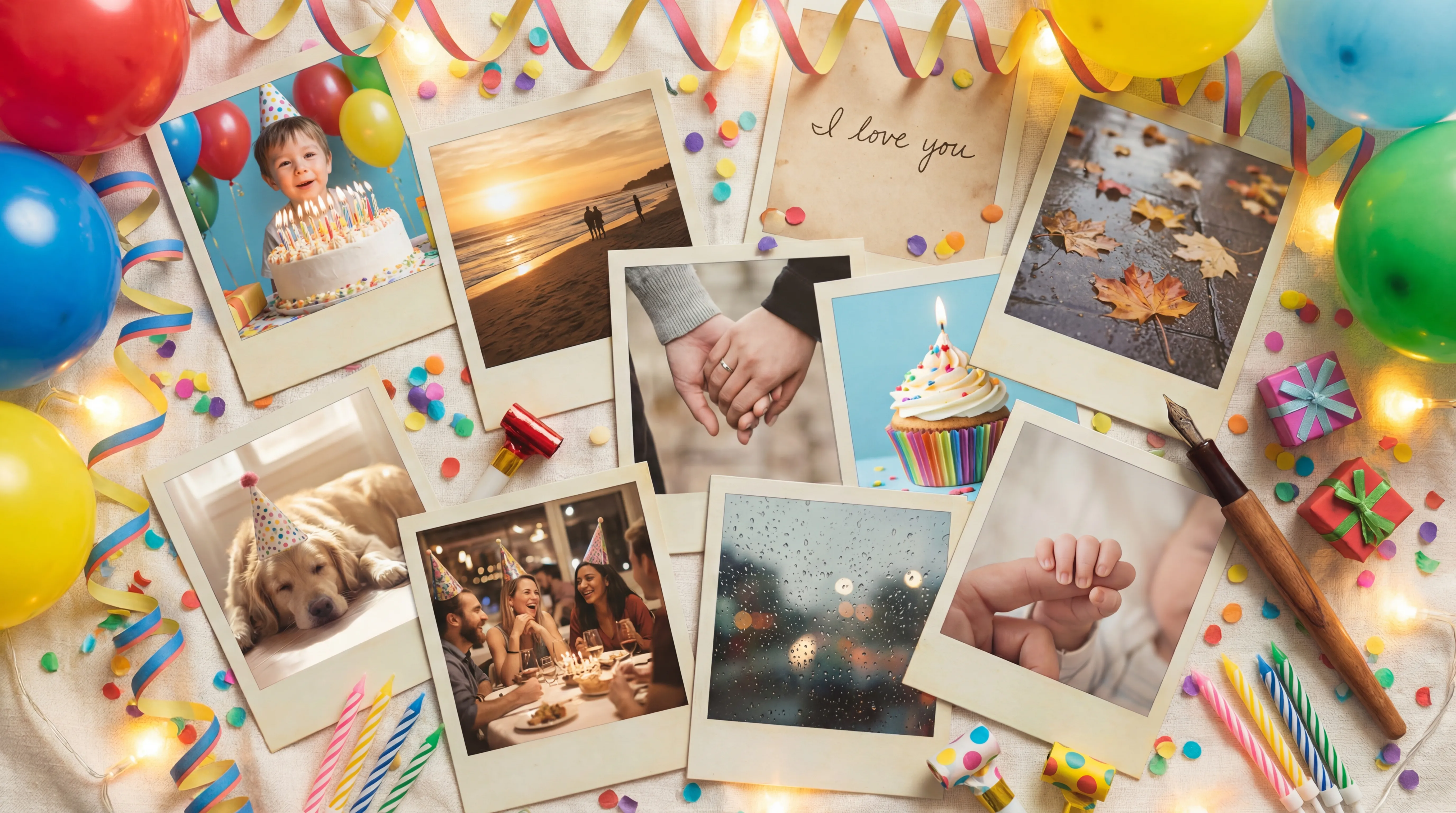 Scattered polaroid photos representing life memories and moments captured in your journal