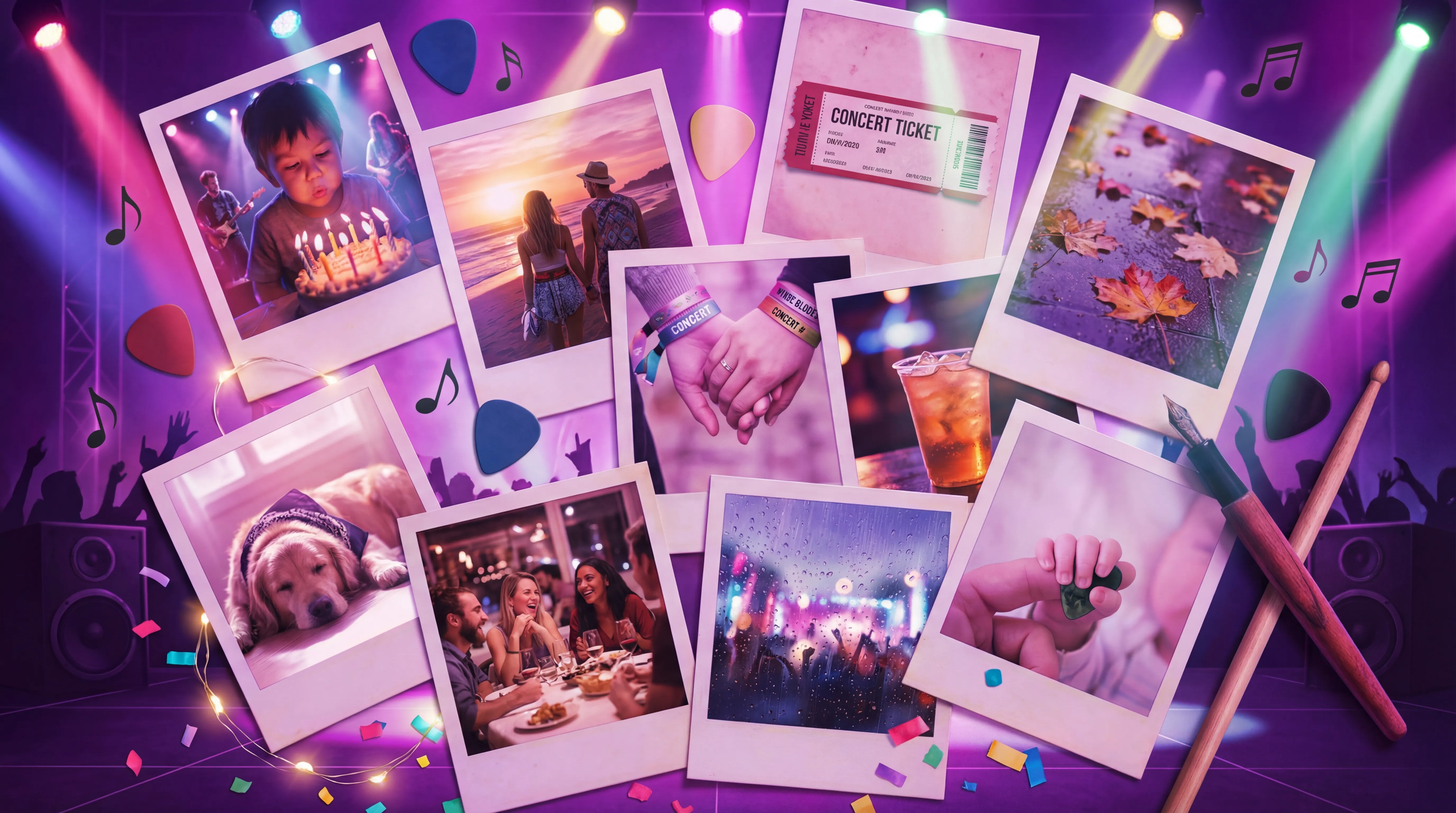 Scattered polaroid photos representing life memories and moments captured in your journal