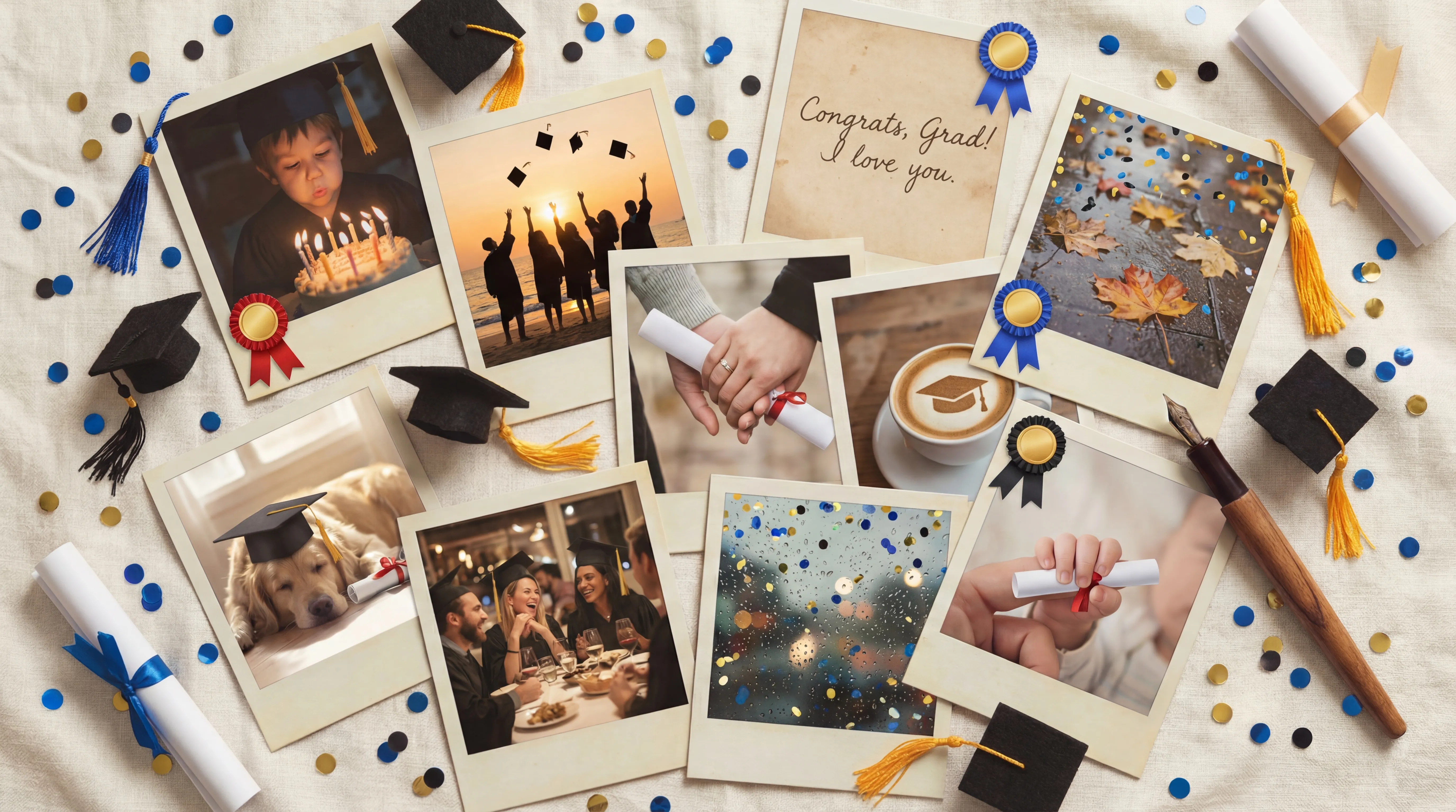 Scattered polaroid photos representing life memories and moments captured in your journal