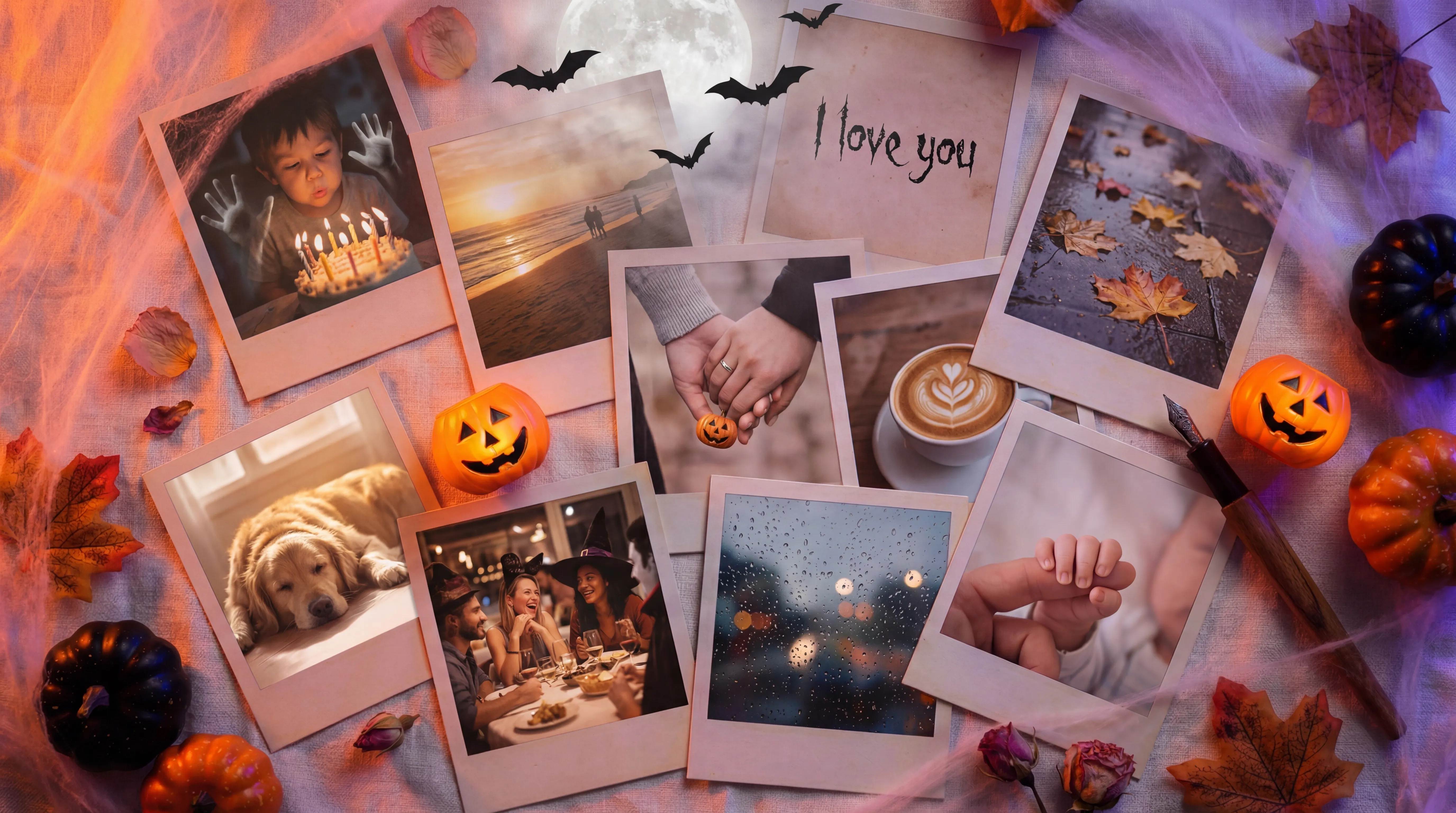 Scattered polaroid photos representing life memories and moments captured in your journal