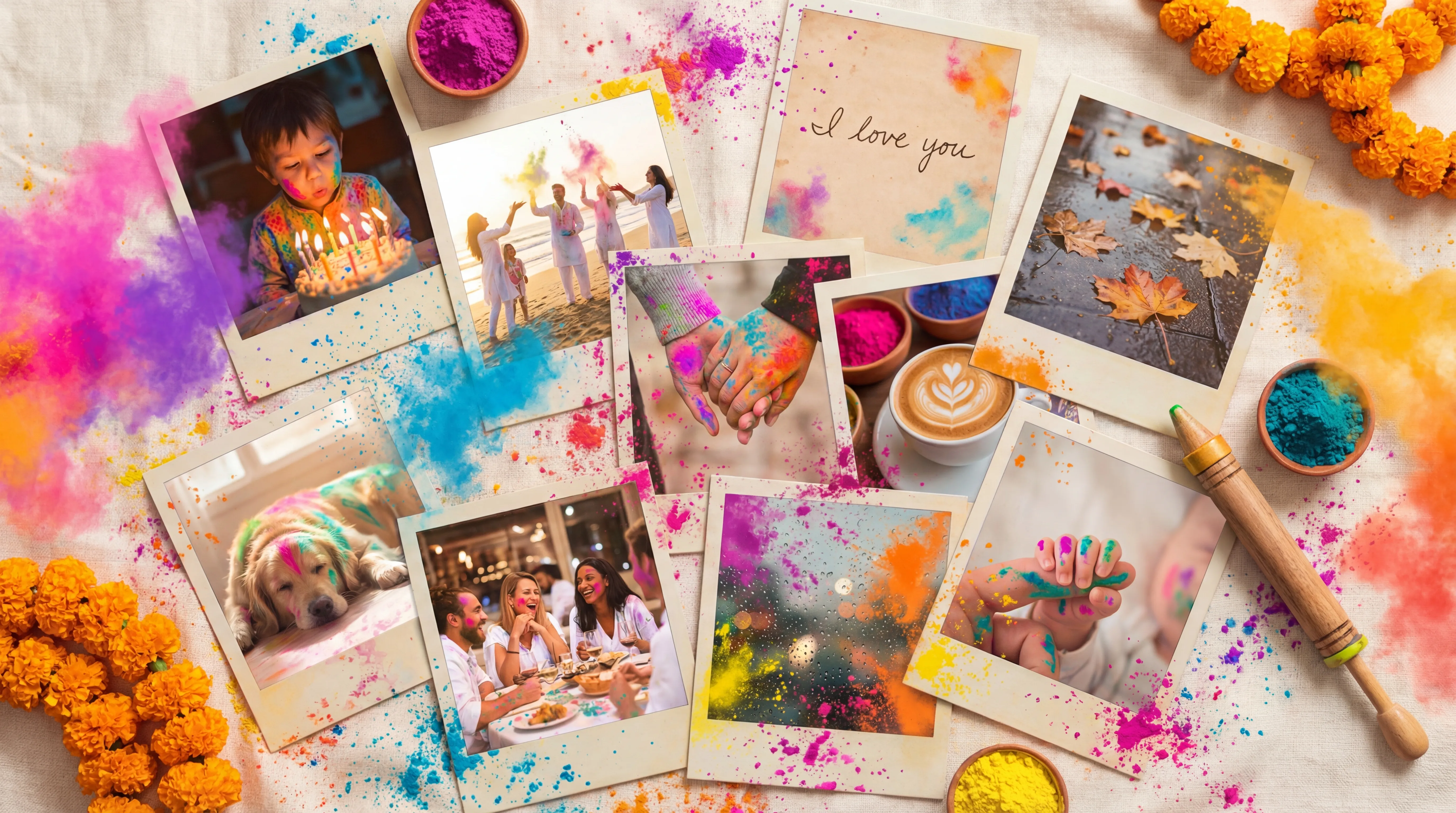 Scattered polaroid photos representing life memories and moments captured in your journal