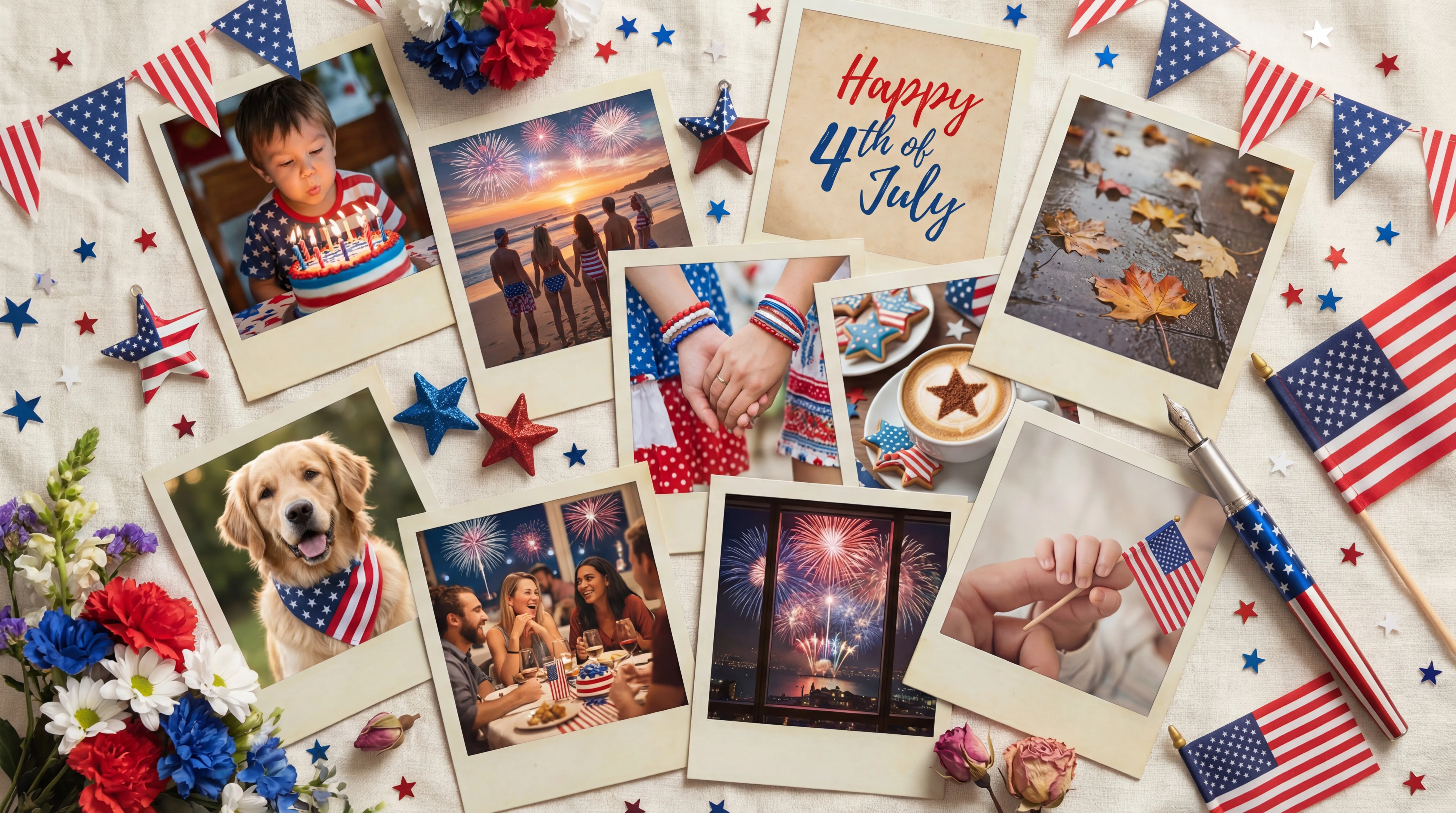 Scattered polaroid photos representing life memories and moments captured in your journal