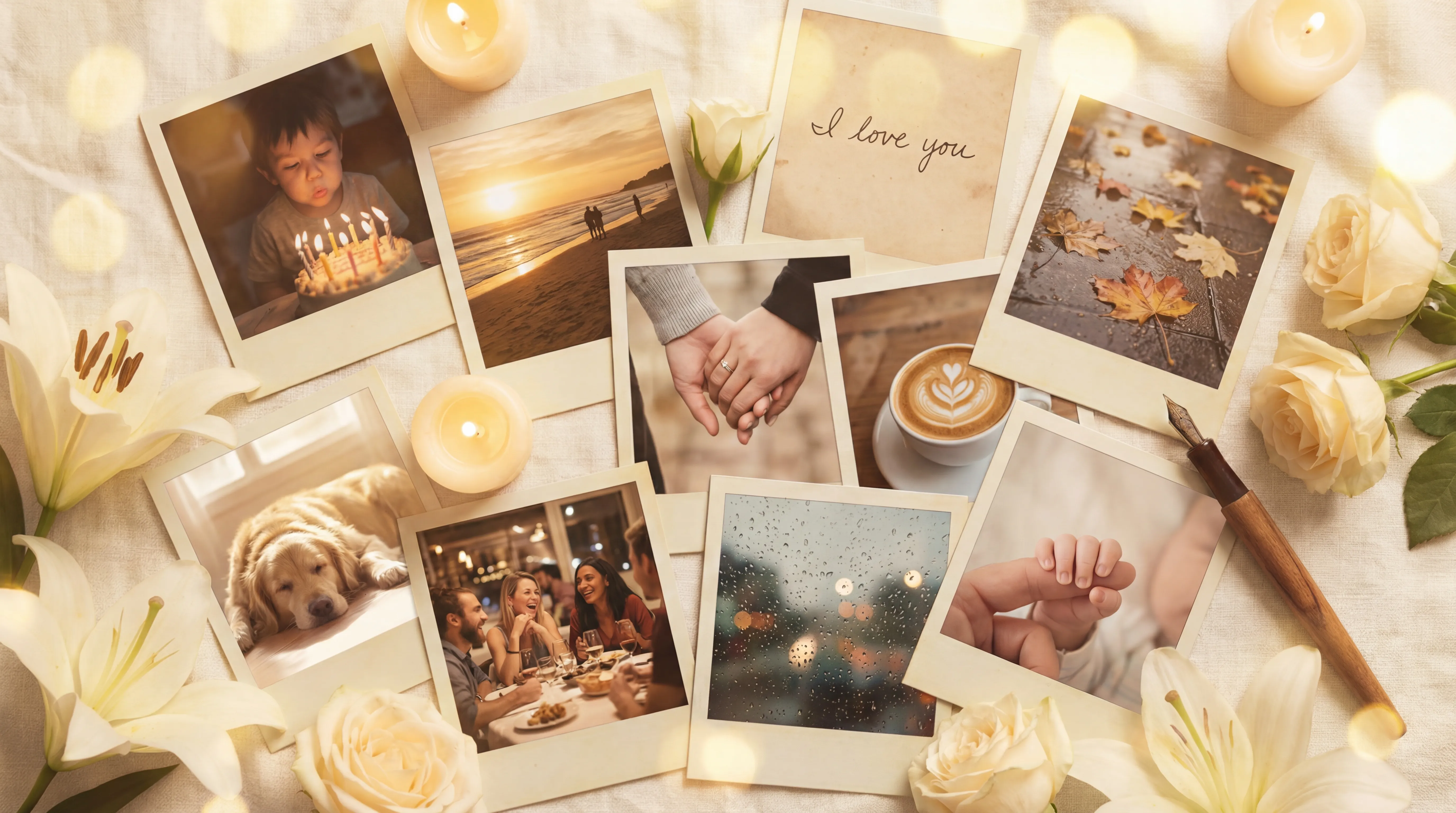 Scattered polaroid photos representing life memories and moments captured in your journal