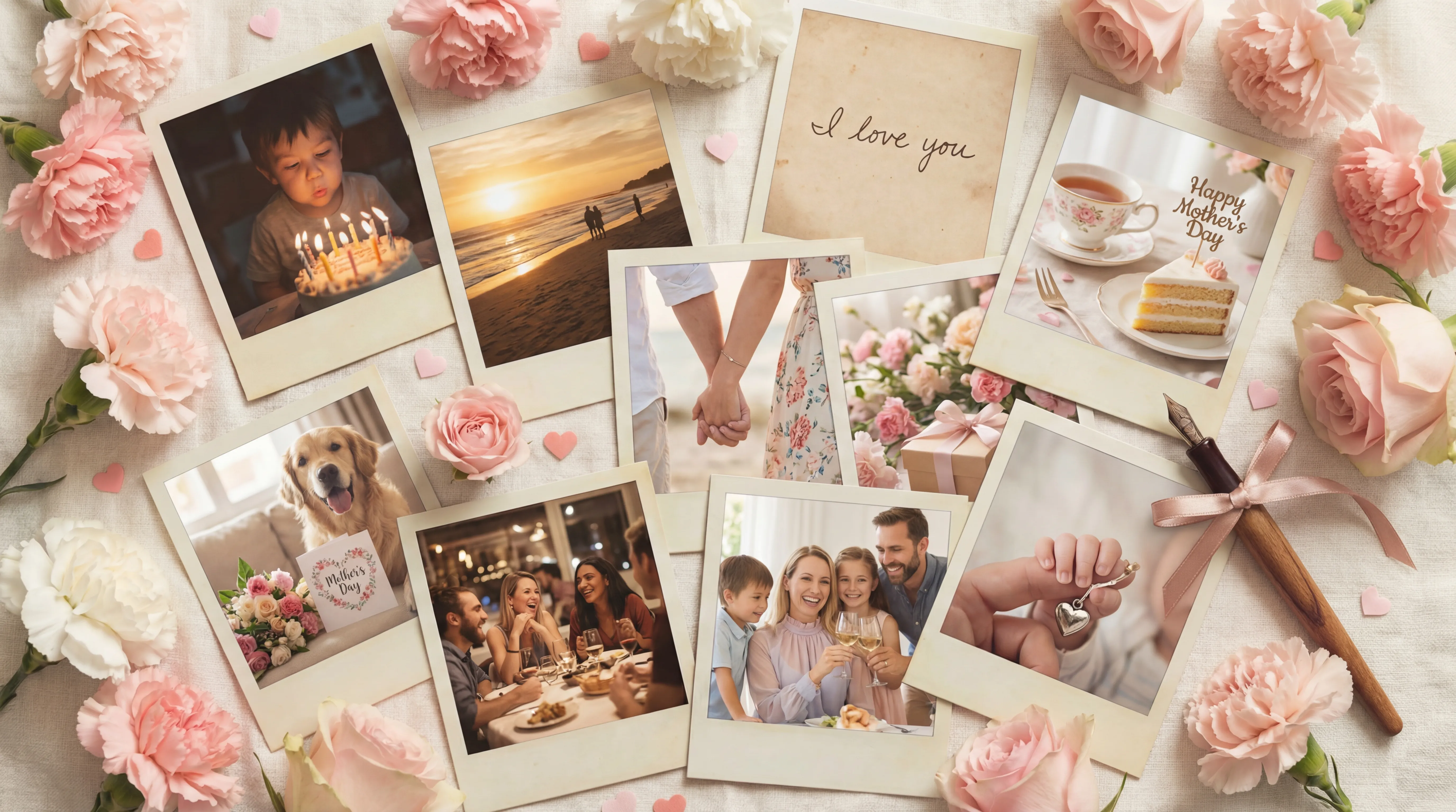Scattered polaroid photos representing life memories and moments captured in your journal