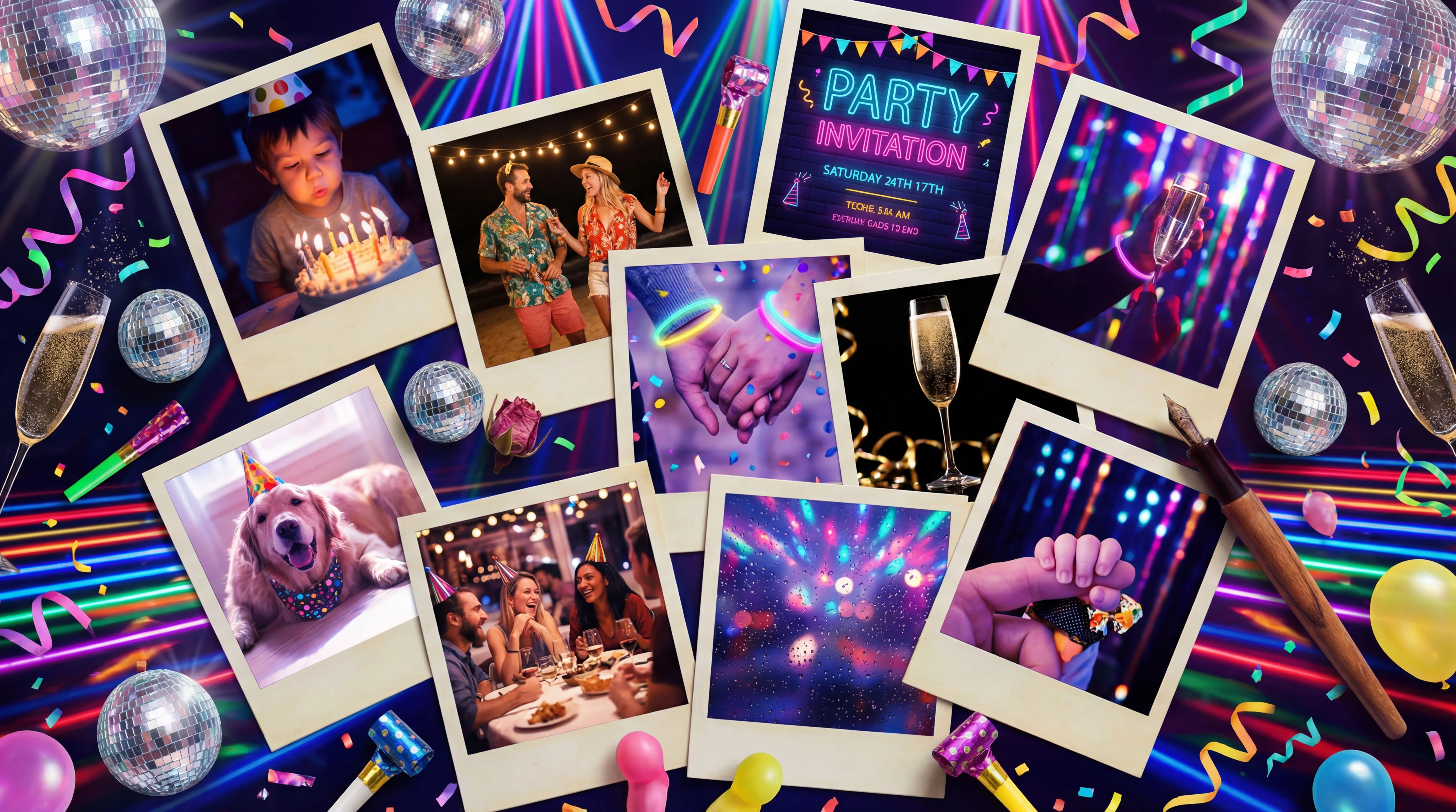 Scattered polaroid photos representing life memories and moments captured in your journal