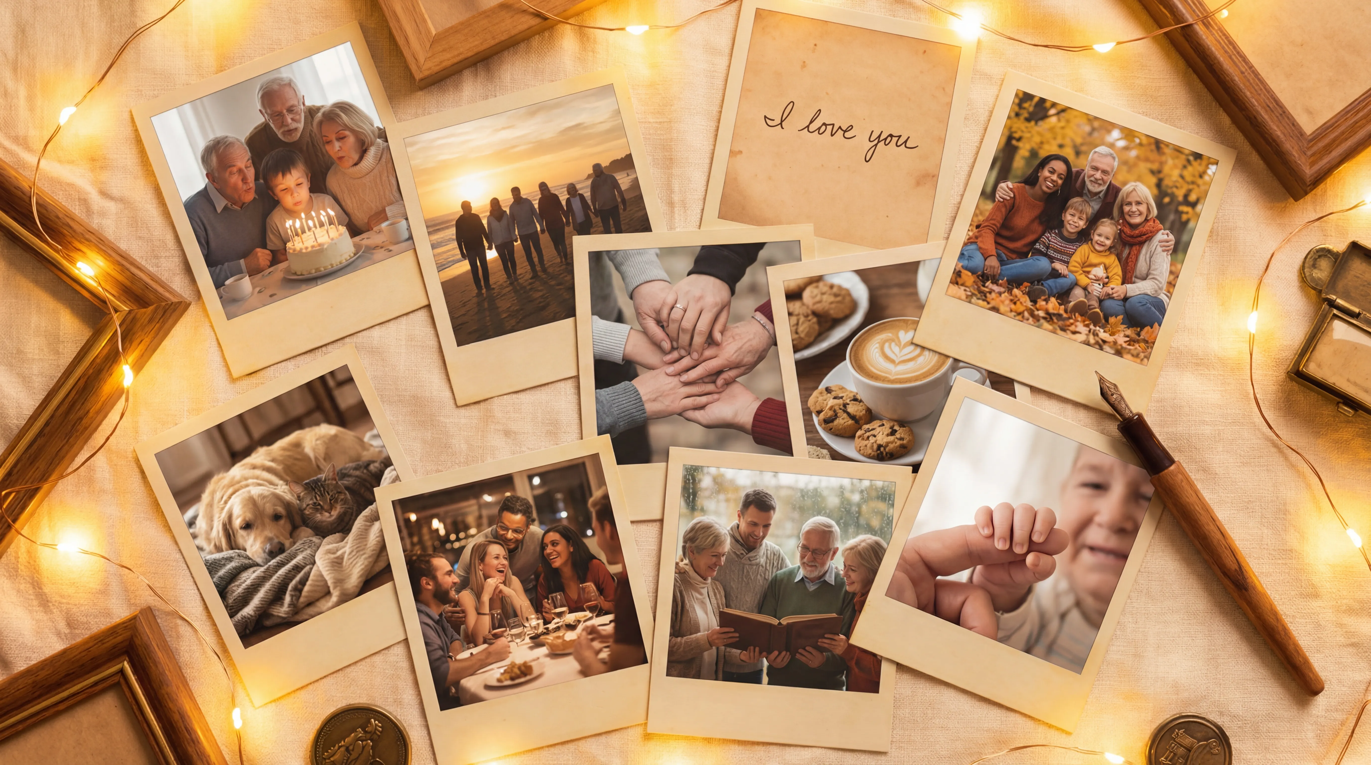 Scattered polaroid photos representing life memories and moments captured in your journal