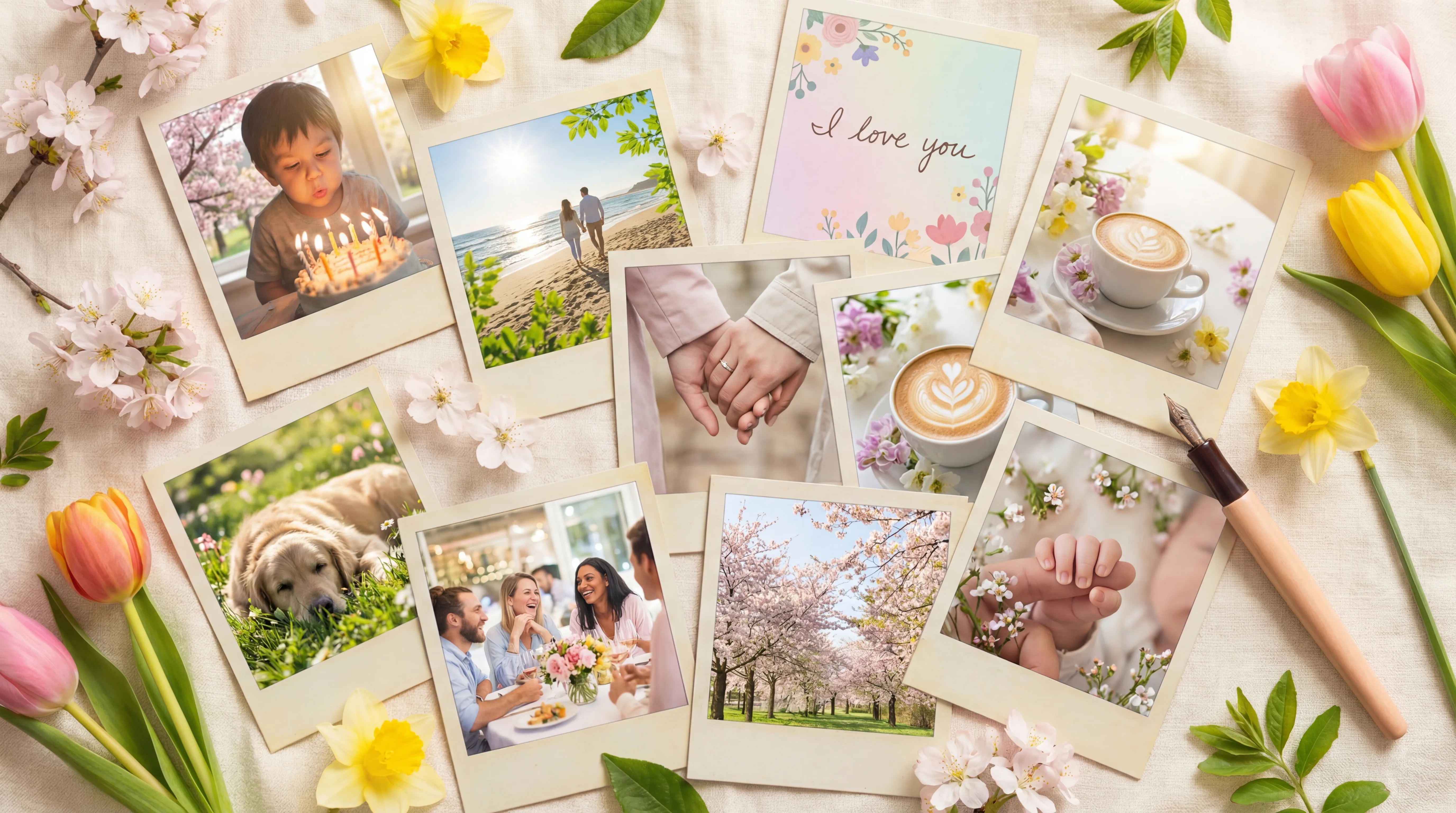 Scattered polaroid photos representing life memories and moments captured in your journal