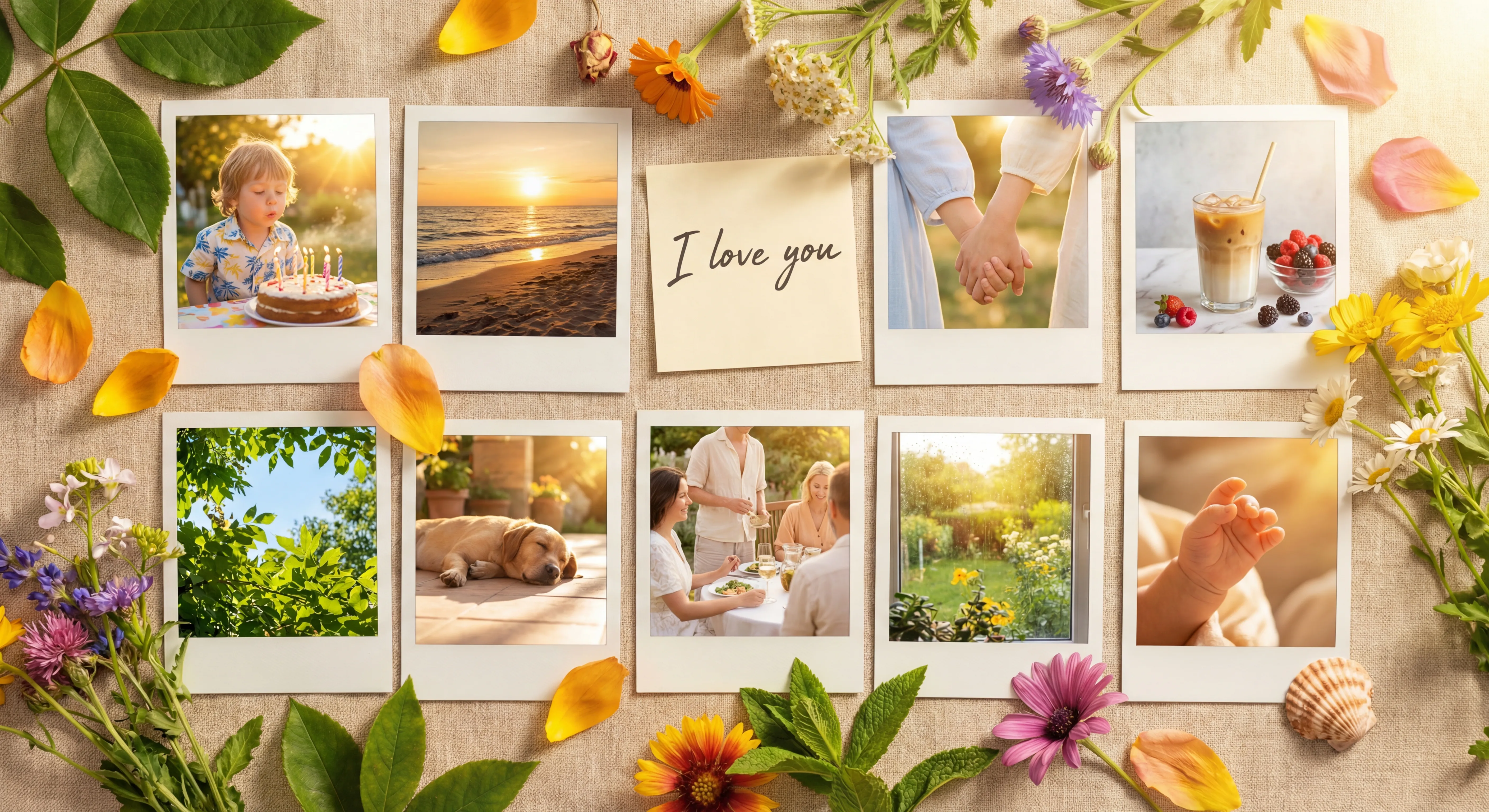 Scattered polaroid photos representing life memories and moments captured in your journal