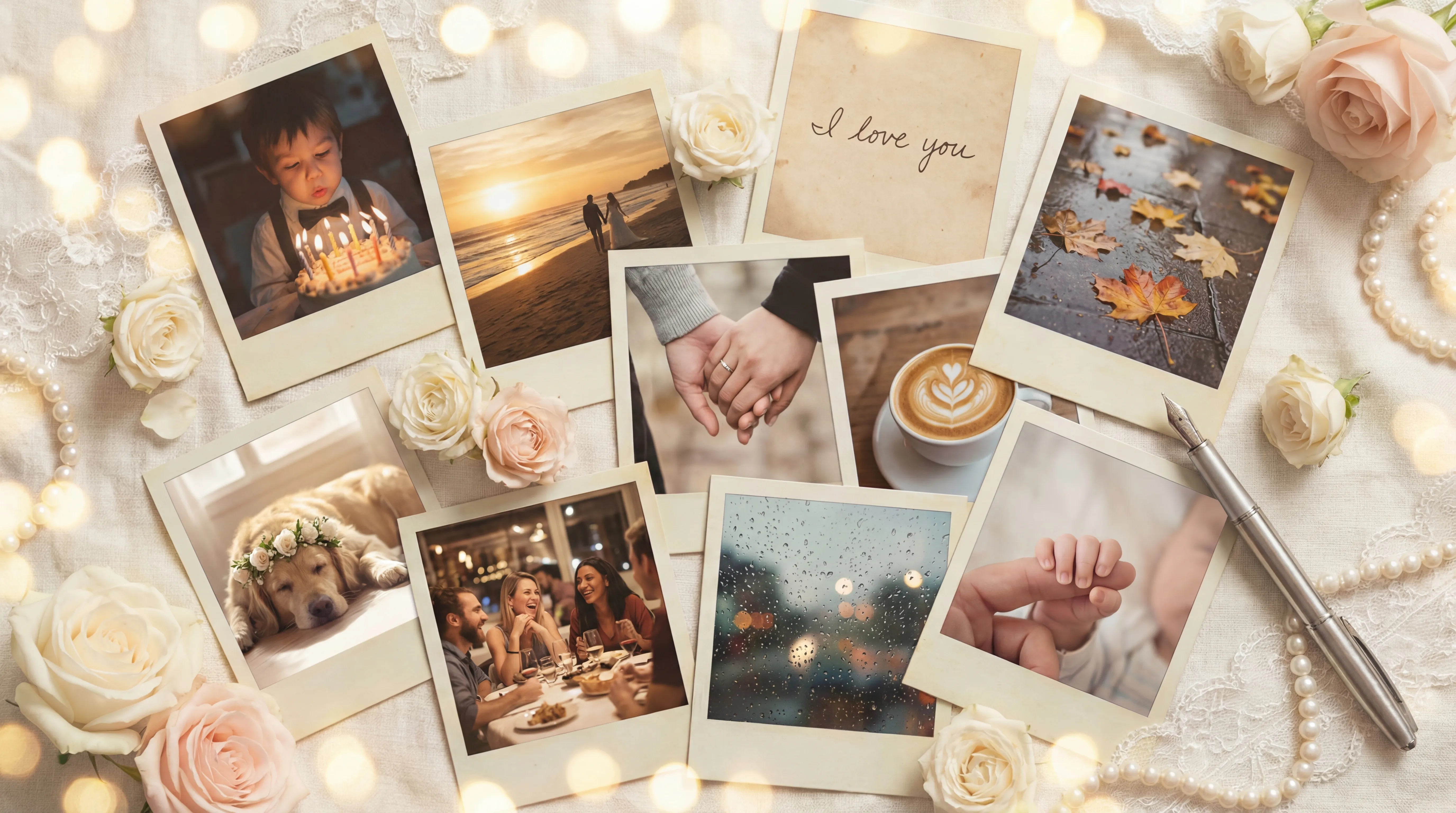 Scattered polaroid photos representing life memories and moments captured in your journal
