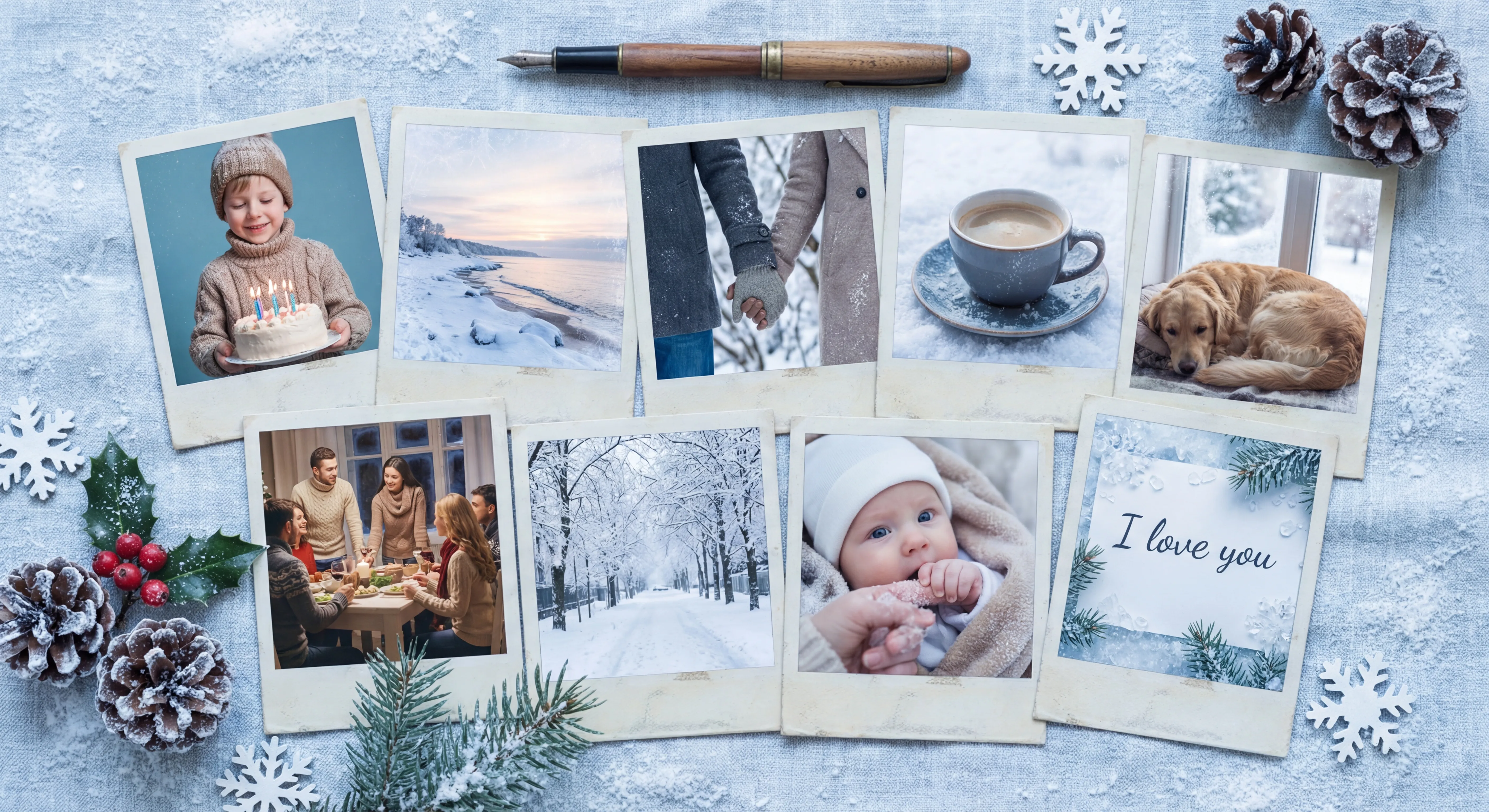 Scattered polaroid photos representing life memories and moments captured in your journal